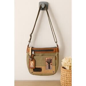 Sherpani Crossbody Purse Canvas Leather Trim Boho Tree Patch Green Brown Bag